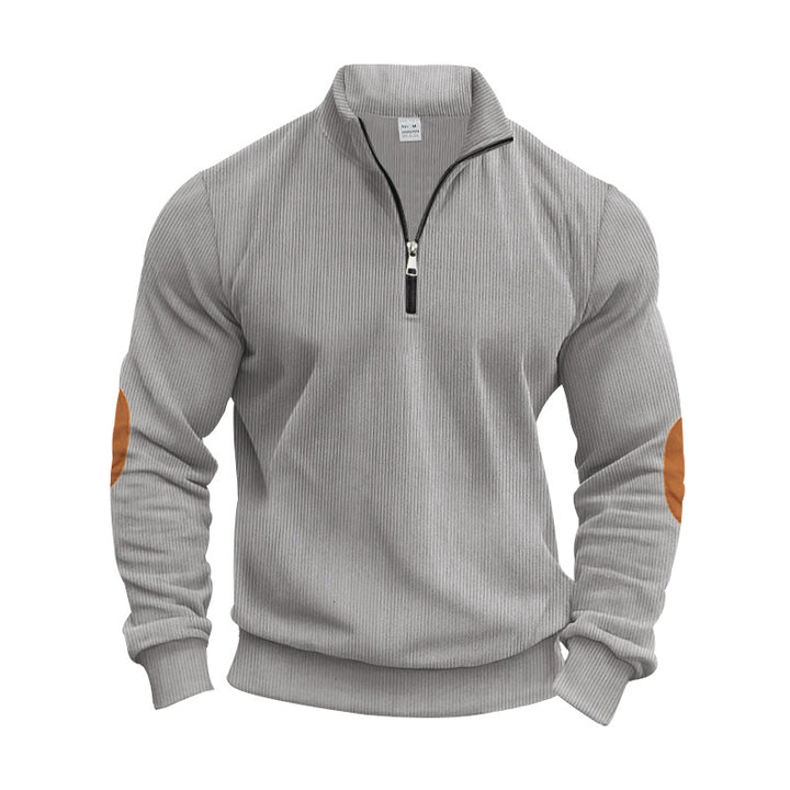 Men's structured cotton knit pullover with half zipper and elbow patches StylebySassy