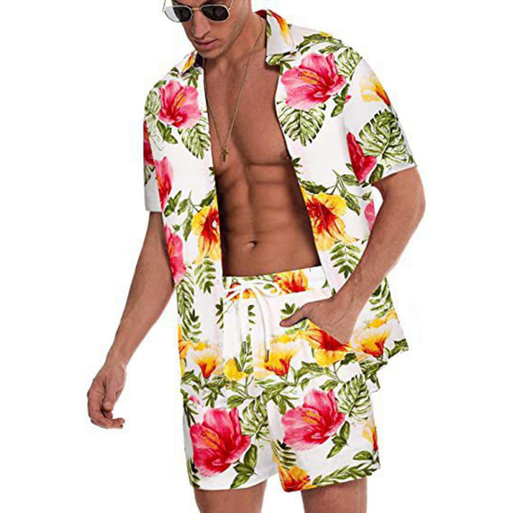 Men's tropical short sleeve shirt and swim shorts set with lapel collar, drawstring, and practical side pockets StylebySassy
