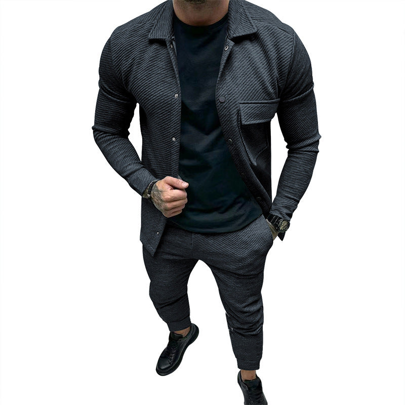 Men's finely structured shirt jacket and sweatpants set with a slim fit StylebySassy
