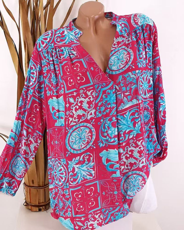 Ladies Viscose Tunic Blouse with V-Neck, Stand Collar and Gathered Shoulders StylebySassy