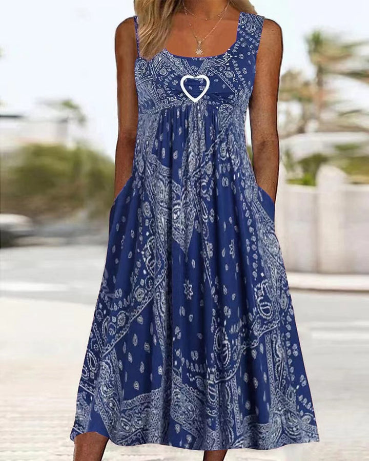 Women's Boho Midi Dress with Paisley Print, Empire Cut and Side Pockets StylebySassy
