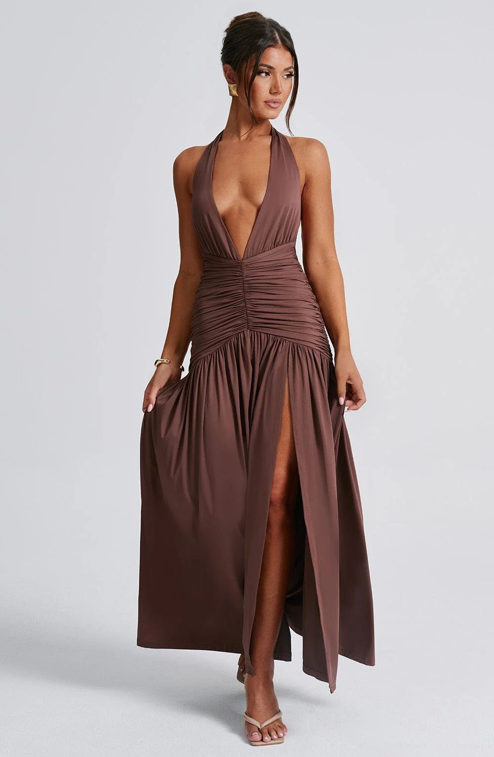 Ladies maxi dress with deep V-neck and ruffles