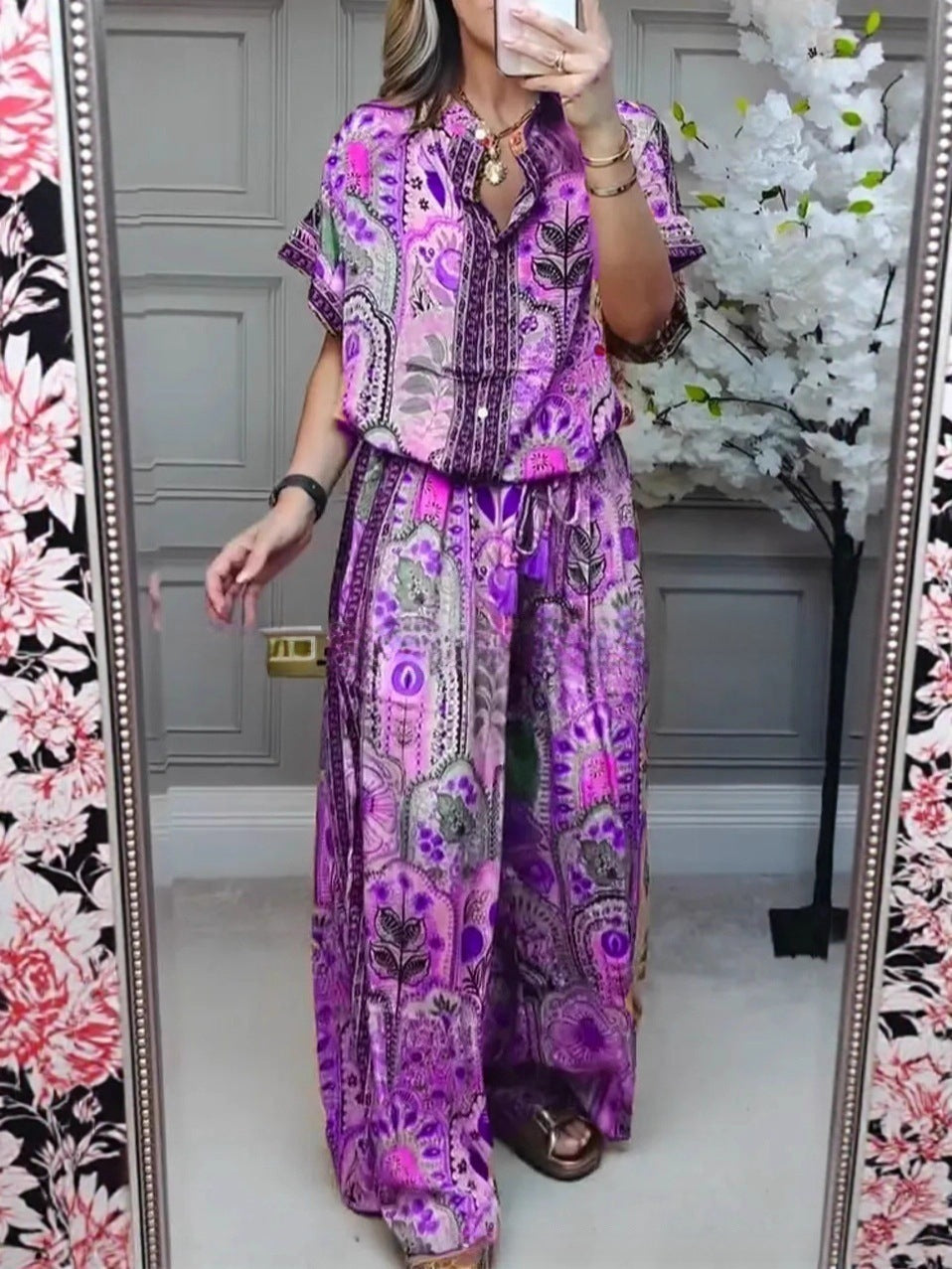 Women's Boho two-piece made of lightweight viscose with short-sleeve blouse, button placket, drawstring waistband, and wide palazzo pants StylebySassy