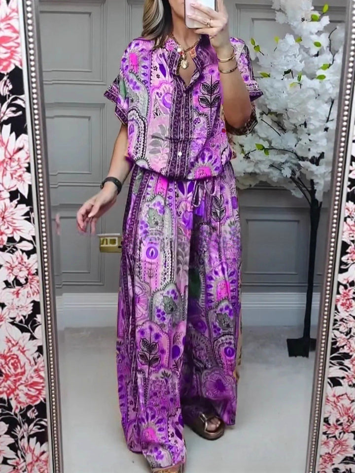 Women's Boho two-piece made of lightweight viscose with short-sleeve blouse, button placket, drawstring waistband, and wide palazzo pants StylebySassy