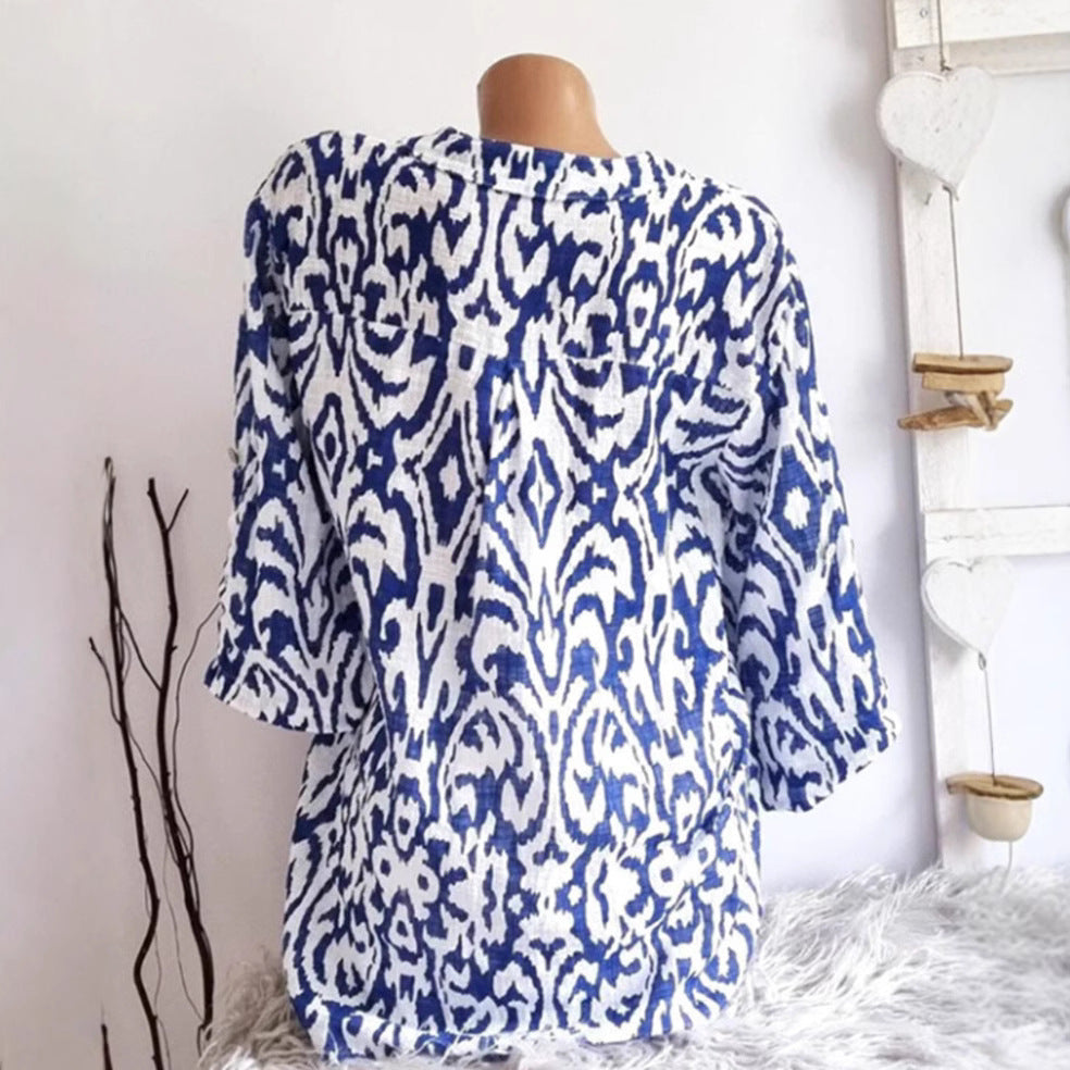Women nan locker cut tunic blouse with Ikat pattern, V-neck and three-quarter sleeves StylebySassy