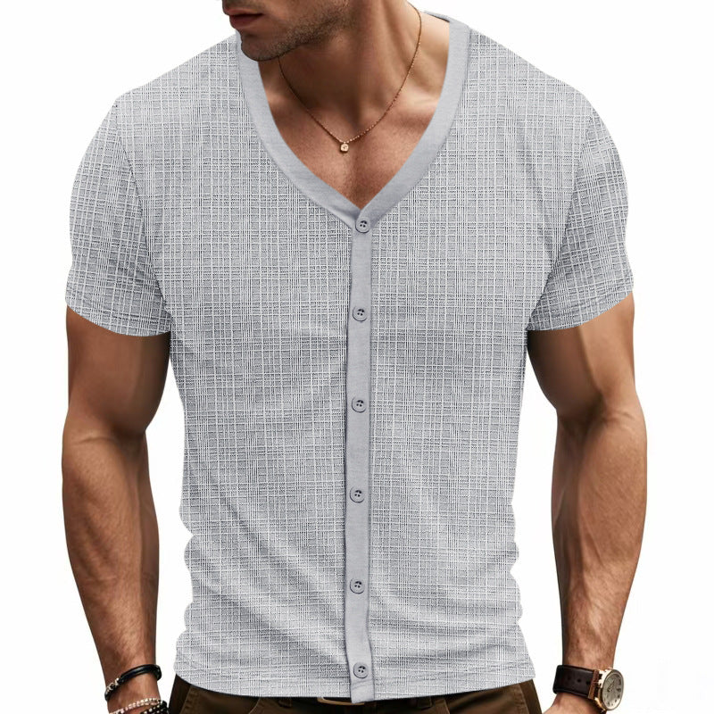 Men's short-sleeve fine knit cardigan with V-neck and continuous button placket StylebySassy
