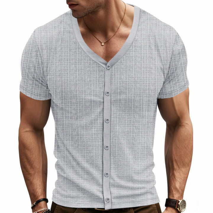 Men's short-sleeve fine knit cardigan with V-neck and continuous button placket StylebySassy