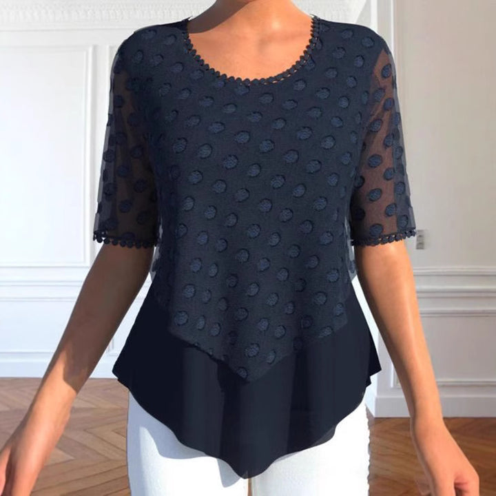 Ladies tulle blouse with embroidered dots, semi-transparent sleeves and asymmetrical tiered hem StylebySassy