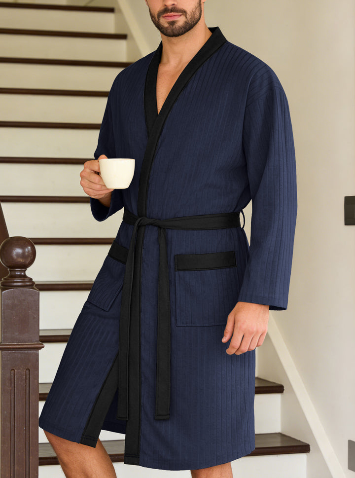 Men's lightweight cotton kimono bathrobe with waffle texture and patch pockets StylebySassy