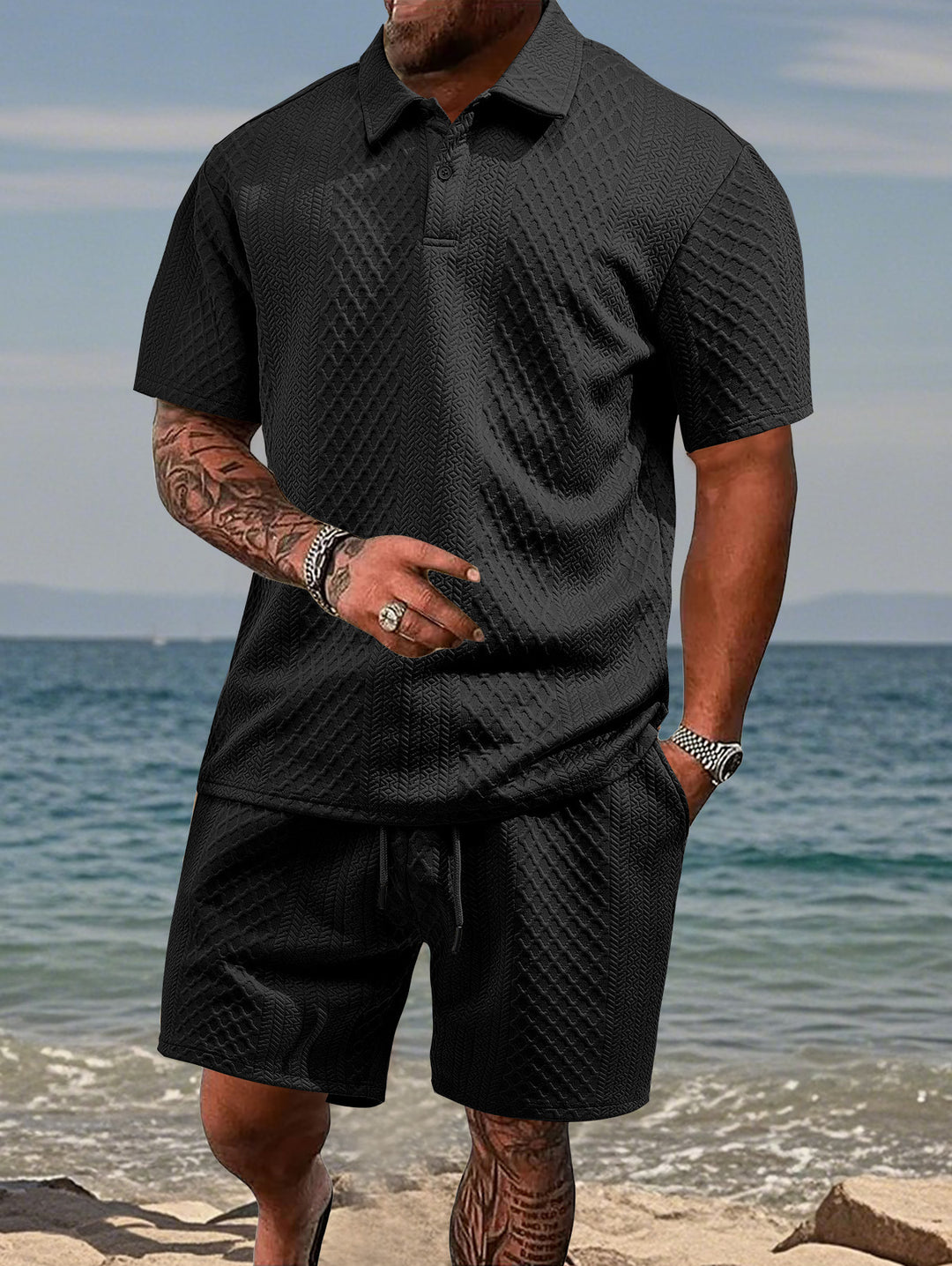 Men's embossed beach ensemble with open short sleeve shirt and cord Bermuda StylebySassy