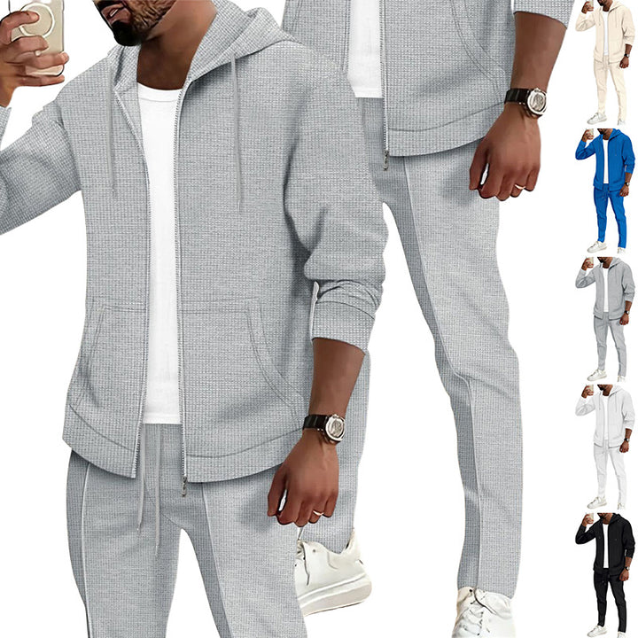 Men's waffle texture tracksuit with hooded zip jacket and tapered jogging pants StylebySassy