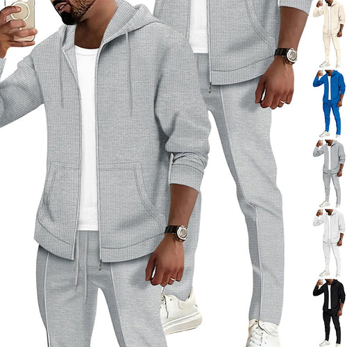 Men's waffle texture tracksuit with hooded zip jacket and tapered jogging pants StylebySassy
