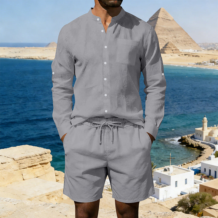 Men's casual linen set with stand collar shirt and drawstring shorts StylebySassy