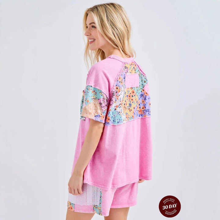 Women's short house suit set made of cotton jersey with floral patchwork look, chest pocket and drawstring StylebySassy