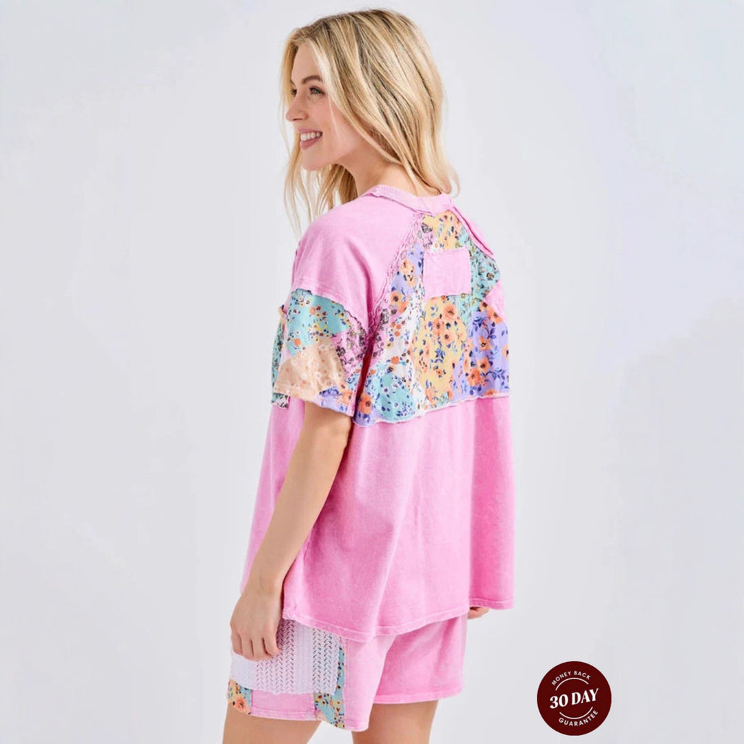 Ladies casual loungewear two-piece set with oversized shirt, drawstring shorts, patchwork bag, and crochet trim StylebySassy