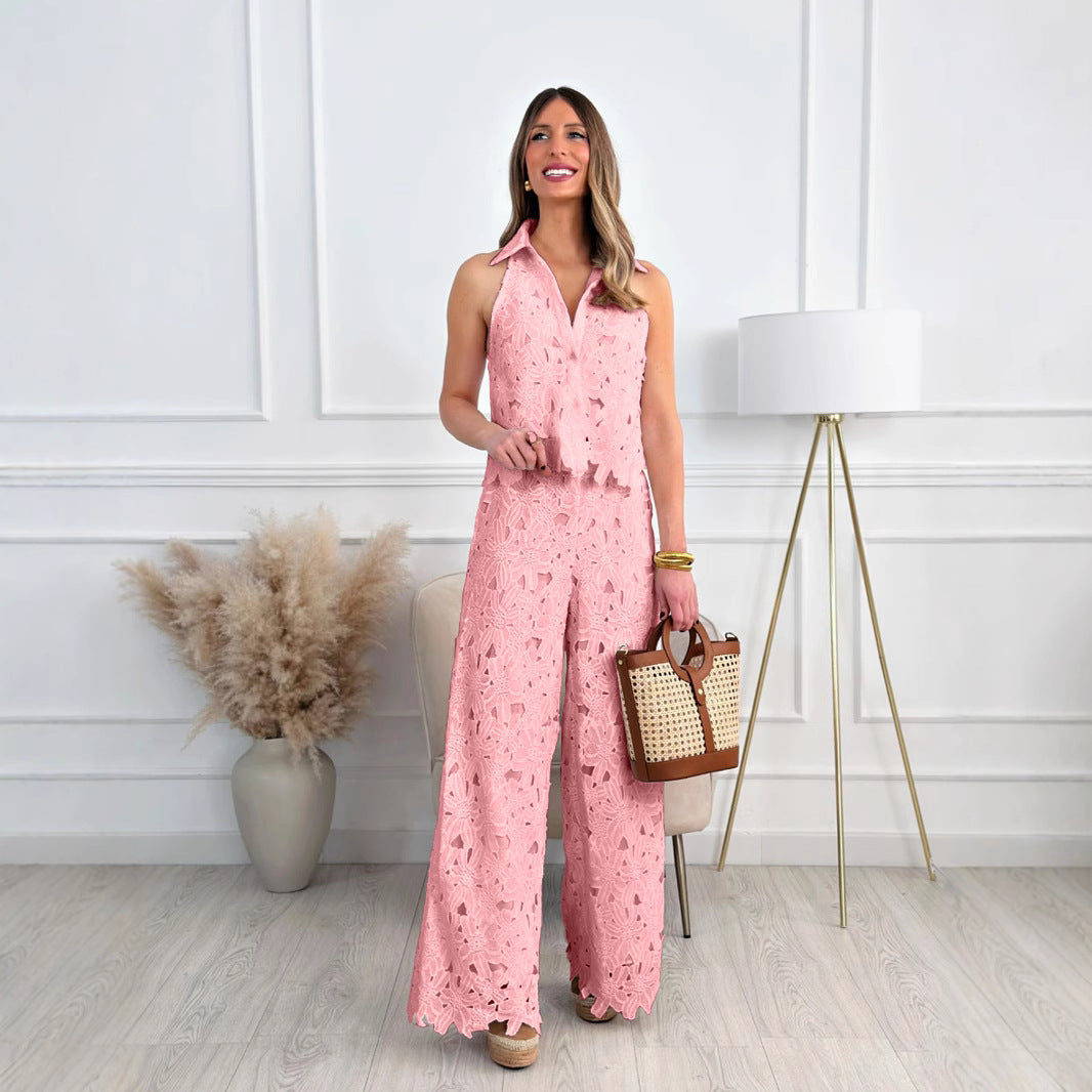 Ladies' airy lace two-piece with shirt collar and wide leg StylebySassy