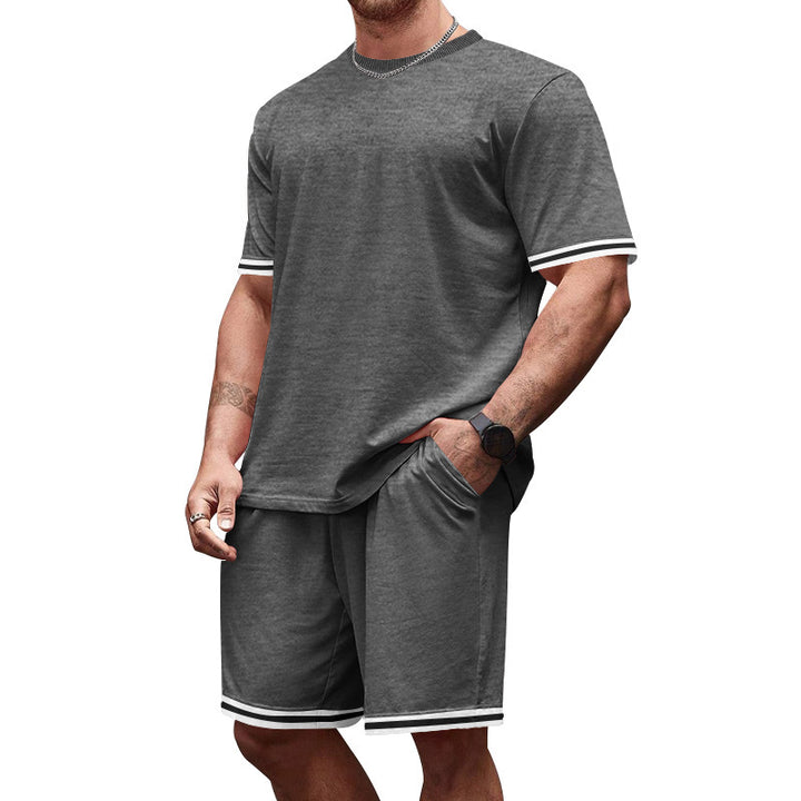 Men's casual jersey set consisting of short-sleeve shirt and bermuda shorts with contrasting stripes, elastic waistband, and insert pockets StylebySassy