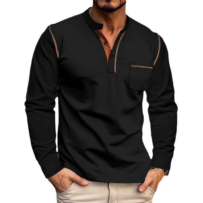Men's long sleeve shirt with mandarin collar, chest pocket, and contrast decorative seams StylebySassy