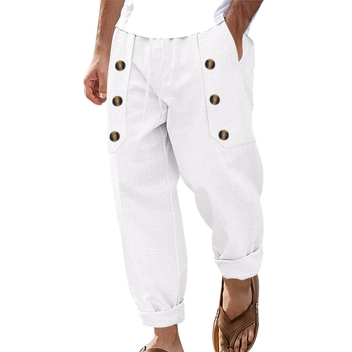 Men's loose linen trousers with decorative button stripes, rolled ankle cuffs, and side pockets StylebySassy