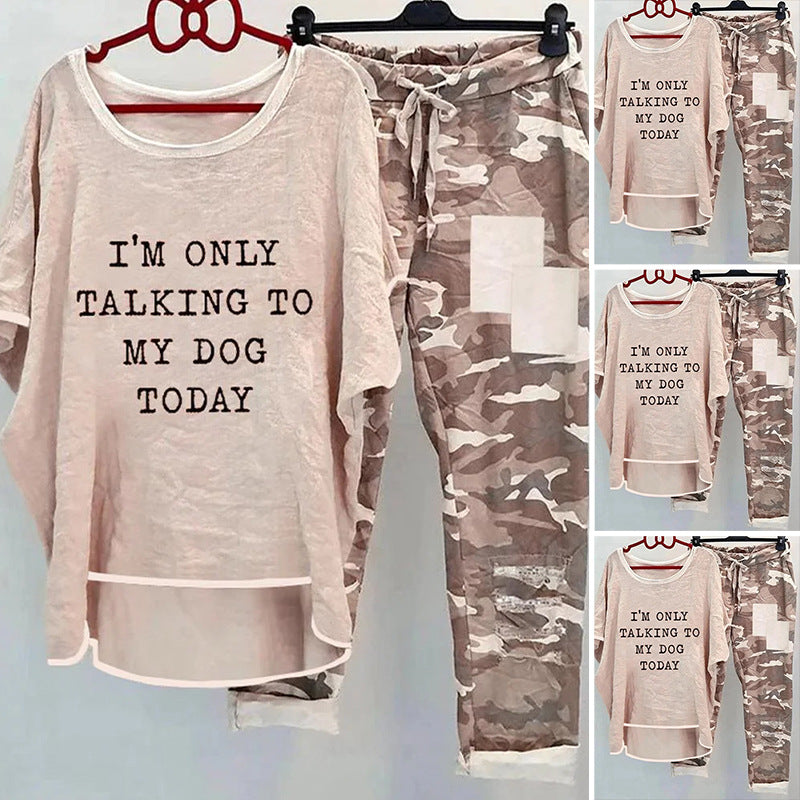 Women casual wide set with slogan print, loosely cut long shirt and camouflage joggers StylebySassy
