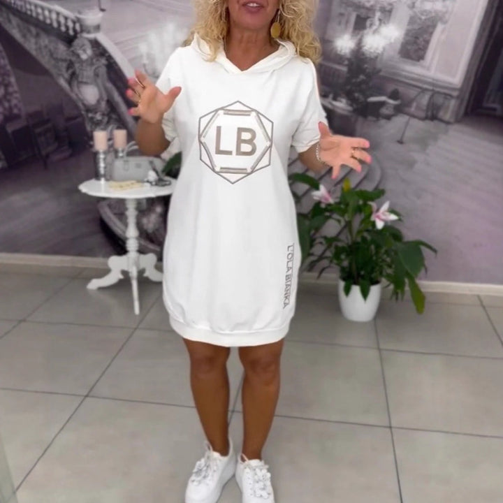 Women nan sporty hoodie tunic dress with shoulder cutouts and logo print StylebySassy