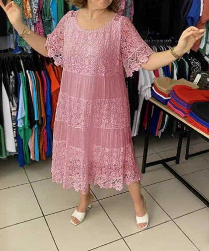 Women's multi-layered lace midi dress with pleated inserts and flounce sleeves StylebySassy