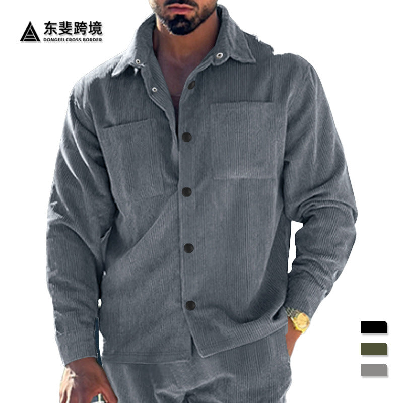 Men's padded corduroy overshirt jacket with visible button placket and chest welt pockets StylebySassy