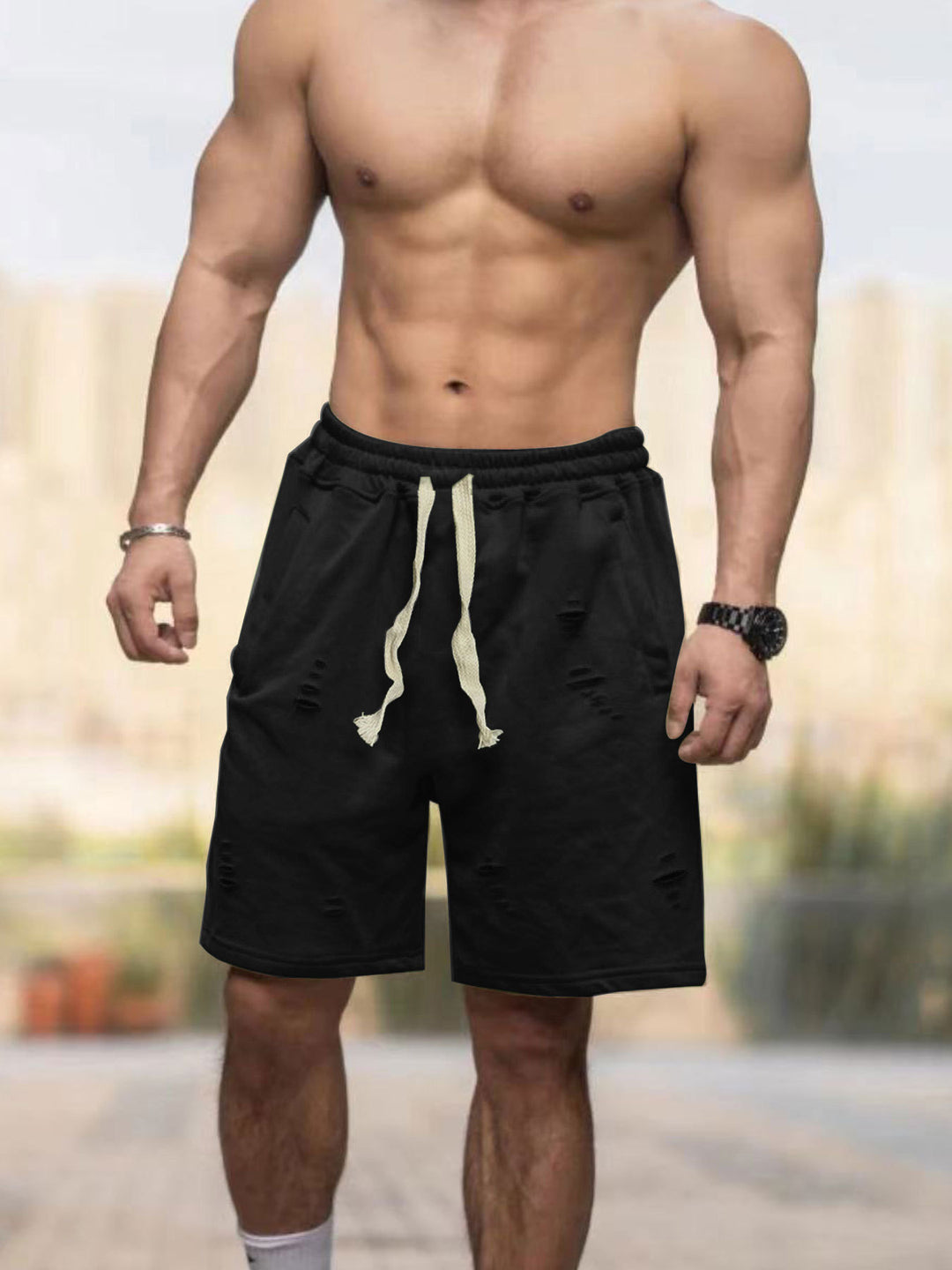 Men's casual sweat shorts with elastic drawstring waistband, side pockets, and used look StylebySassy
