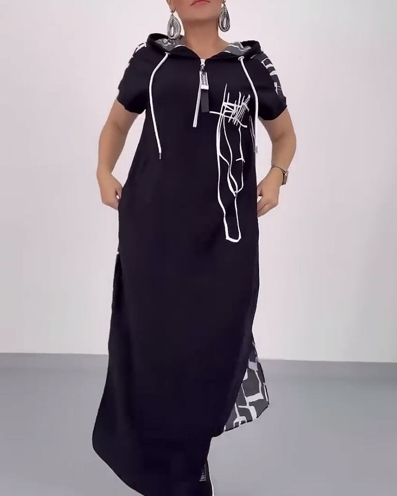 Women's casual hooded kaftan dress in loose fit with short sleeve cut and abstract graphic pattern StylebySassy