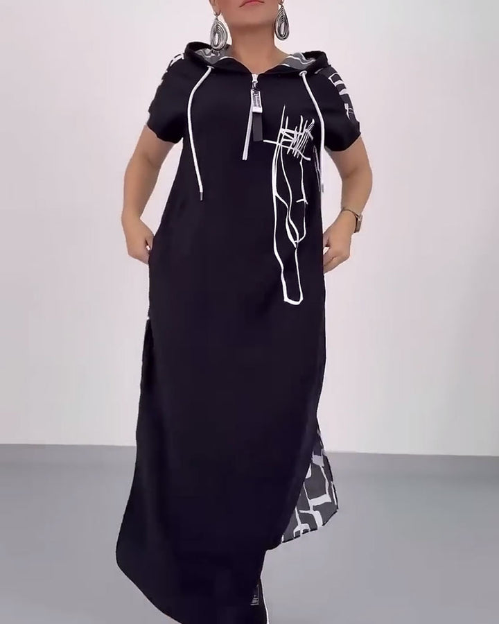 Women's casual hooded kaftan dress in loose fit with short sleeve cut and abstract graphic pattern StylebySassy