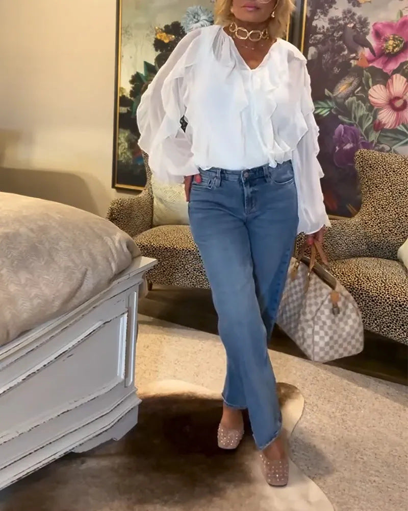 Women's semi-transparent layered ruffle blouse made of chiffon with balloon sleeves and hidden button placket StylebySassy