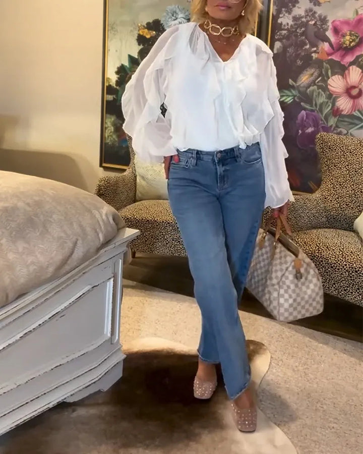 Women's semi-transparent layered ruffle blouse made of chiffon with balloon sleeves and hidden button placket StylebySassy