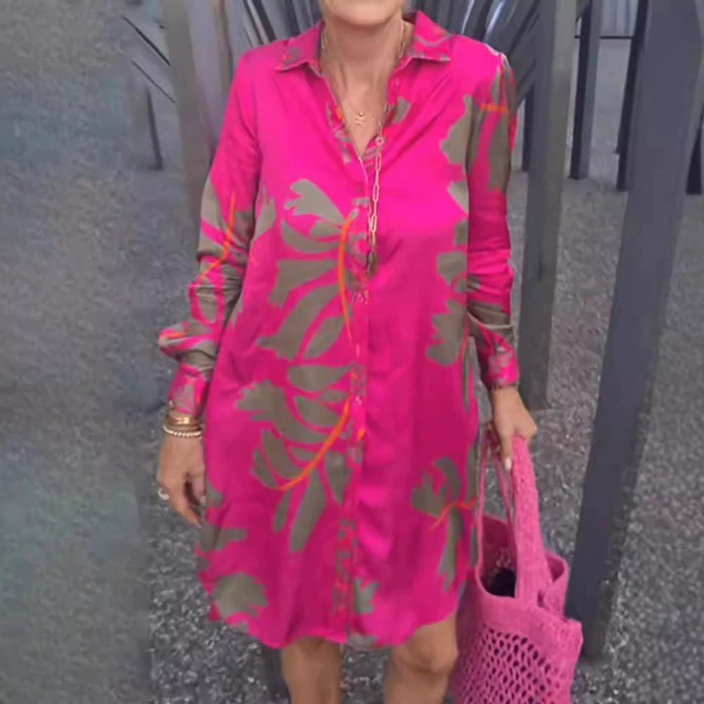 Women's short tunic shirt dress in satin look with large leaf print, shirt collar and loose A-line StylebySassy