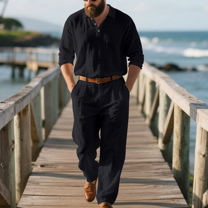 Men's airy linen two-piece set with V-neck shirt and loose pleated trousers StylebySassy