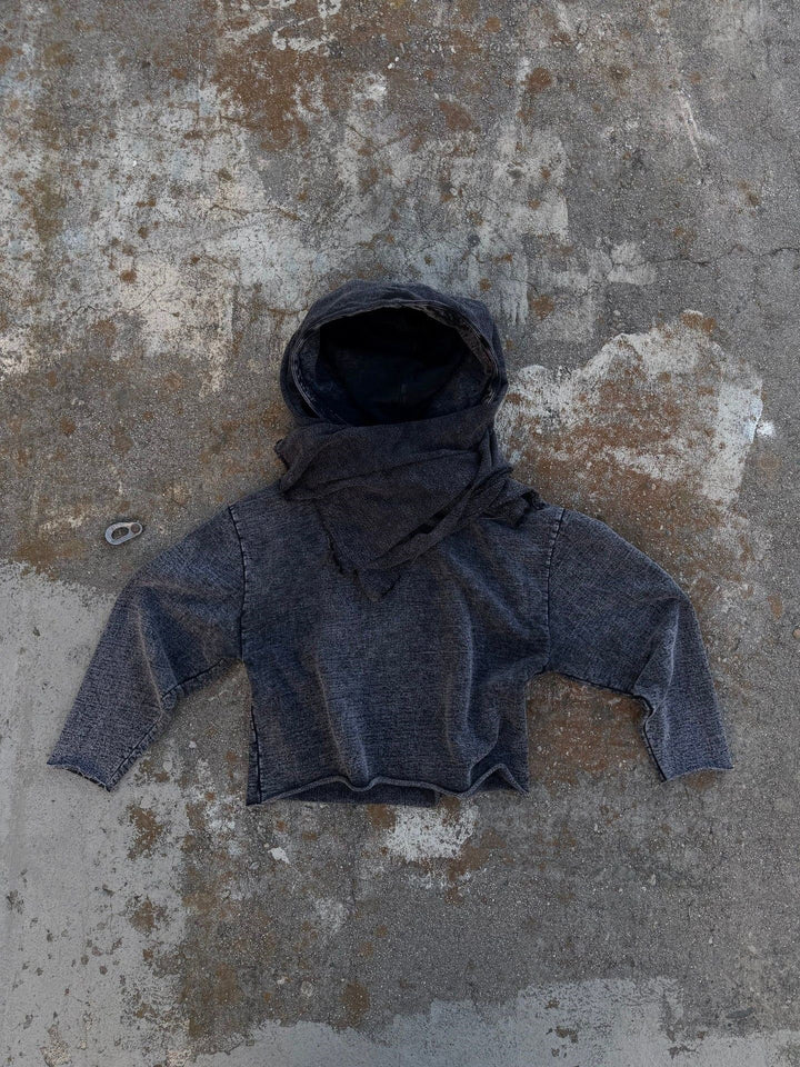 Unisex hooded pullover in usage marks style with attached tube scarf and frayed openings StylebySassy