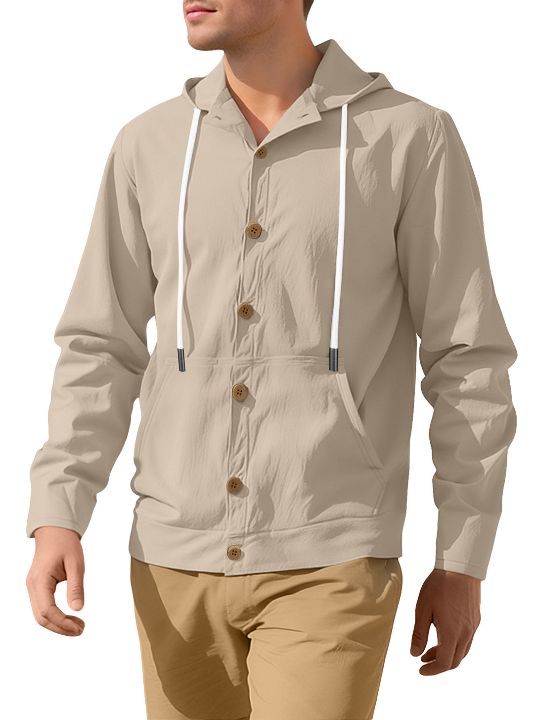 Men's lightweight hoodie jacket with button placket, kangaroo pocket, and drawstring StylebySassy