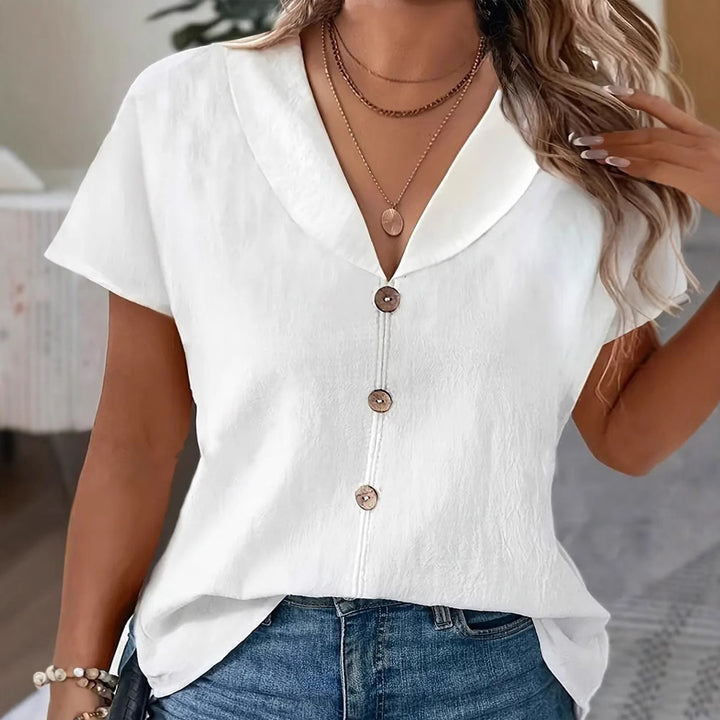 Women's airy linen-look blouse with broad shawl collar and decorative button placket StylebySassy