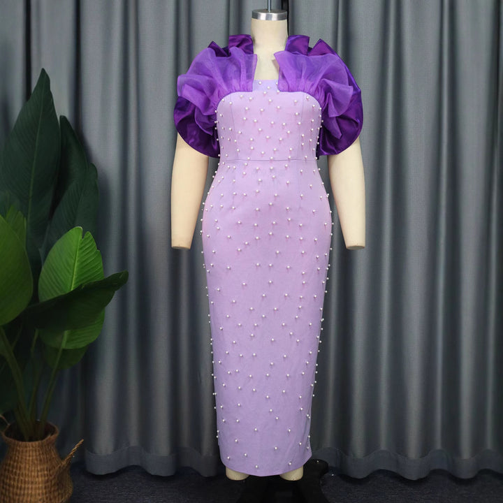 Women Elegant Body-Hugging Dress with Puff Sleeves and Pearl Decorations StylebySassy