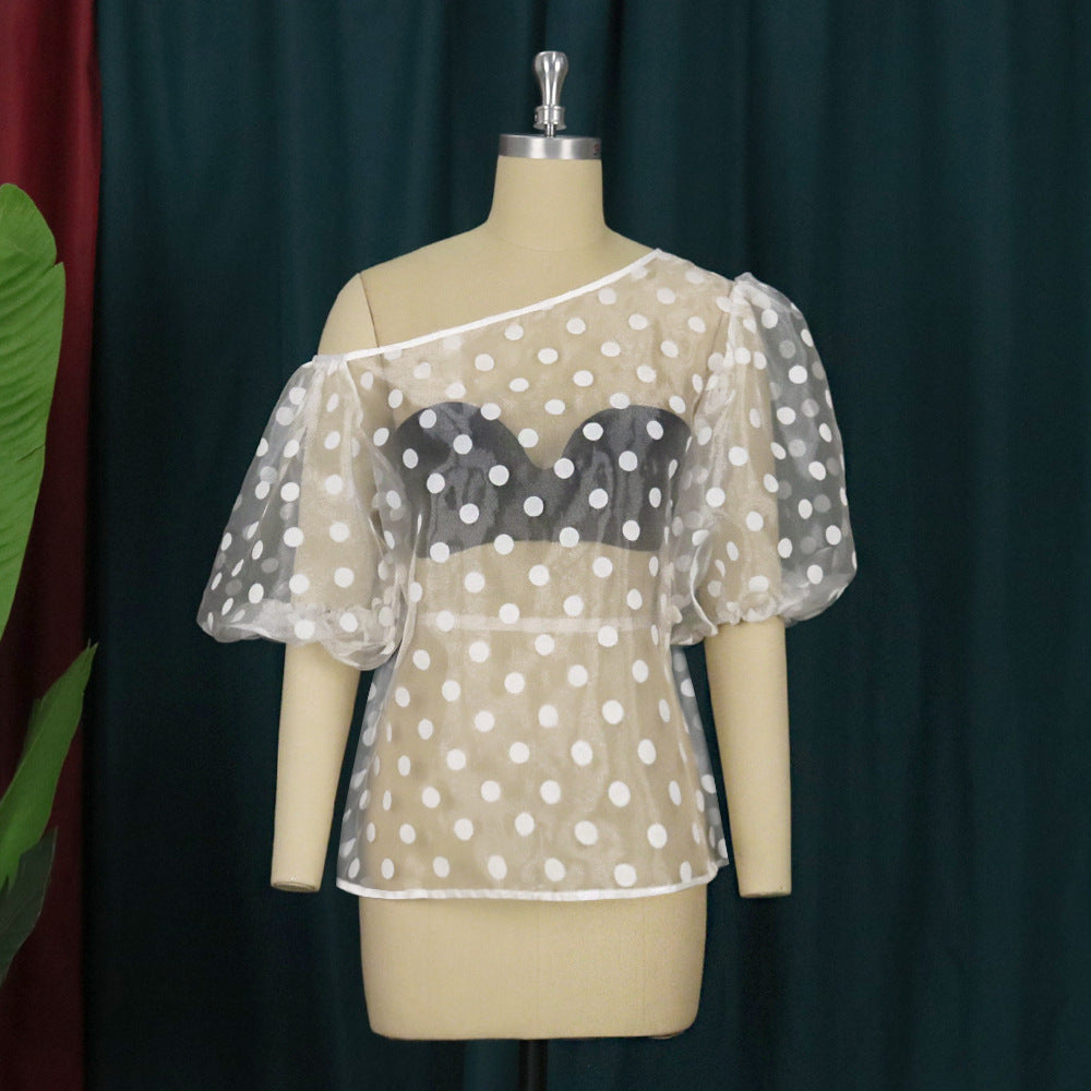 Women's Playful Blouse with Transparent Polka Dots Design and Puff Sleeves StylebySassy