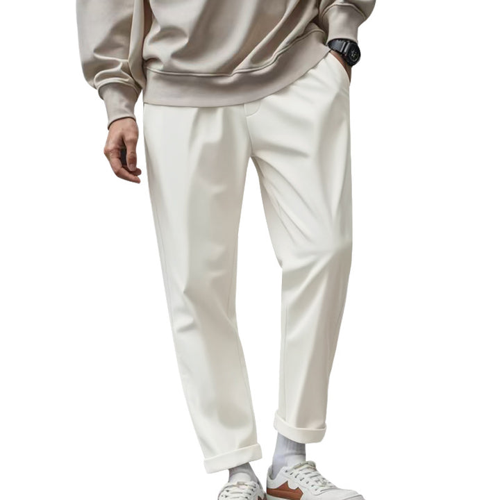 Men's tapered chino pants with turn-up hem and subtle crease StylebySassy