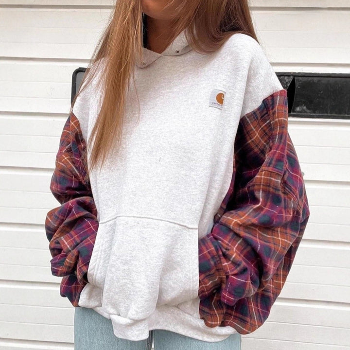 Women's oversized hoodie with checkered flannel sleeves and kangaroo pocket StylebySassy