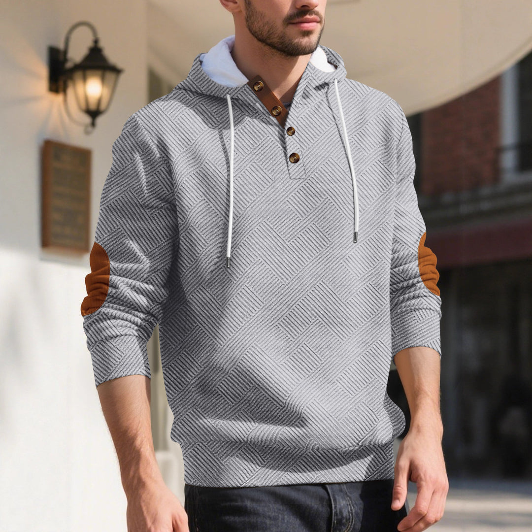 Men's structured hoodie henley pullover with jacquard texture, button placket, and elbow patches StylebySassy