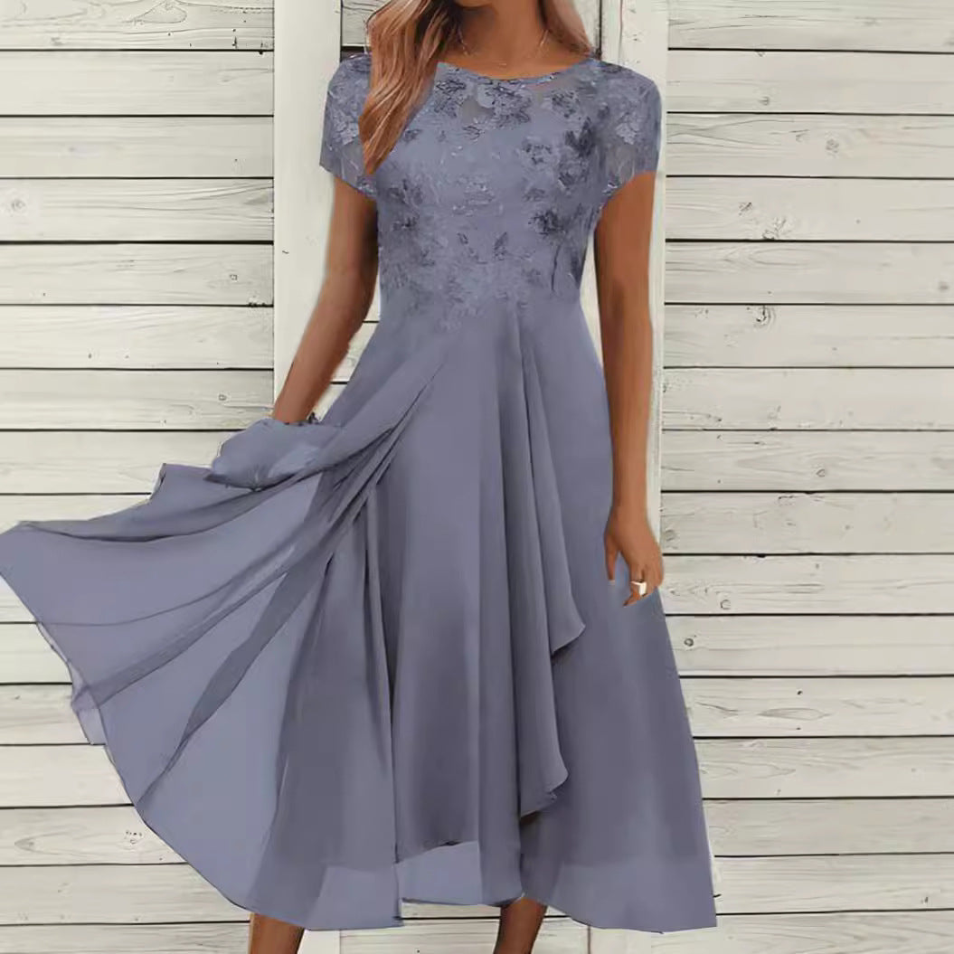 Women's flowing chiffon mid dress with floral embroidered top and asymmetrical tiered skirt StylebySassy