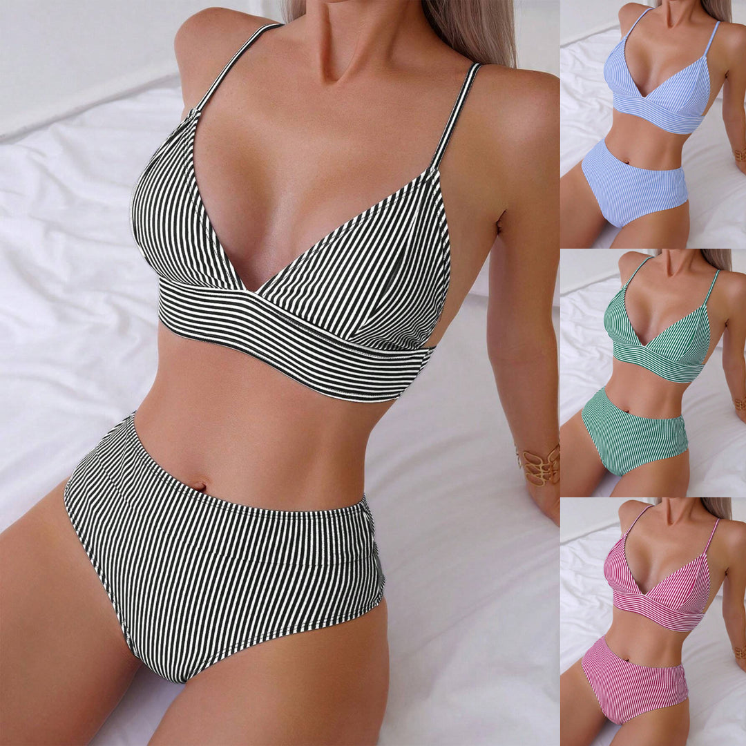 Women's High-Waisted Bikini Set with Fine Stripes StylebySassy