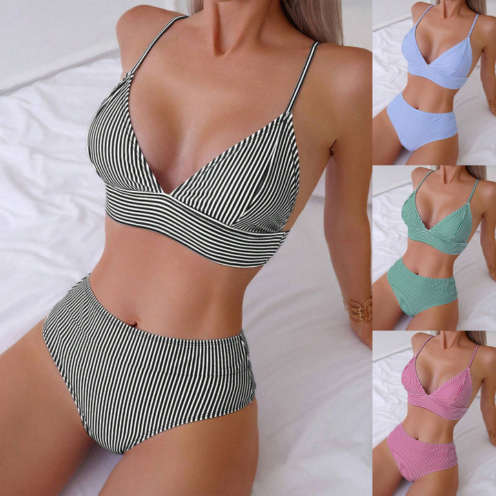 Women's High-Waisted Bikini Set with Fine Stripes StylebySassy