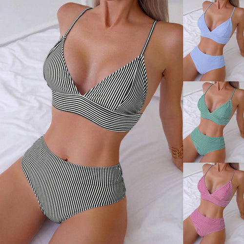Women's High-Waisted Bikini Set with Fine Stripes StylebySassy