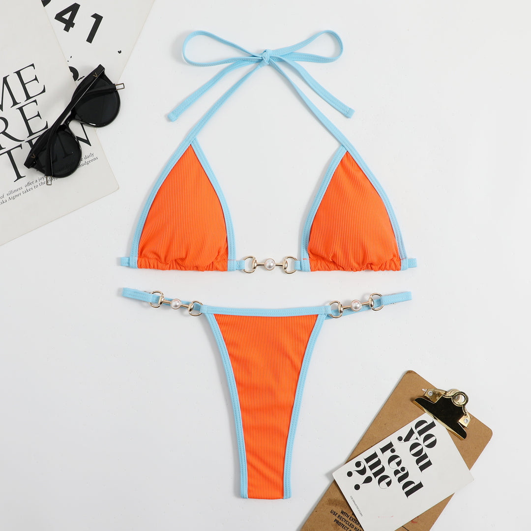 Women's triangle bikini with fashionable ribbed design and decorative elements StylebySassy