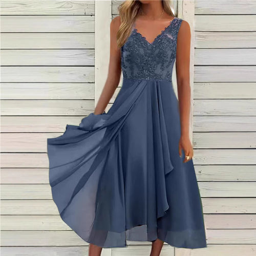 Women's elegant evening midi dress with embroidered lace bodice, tailored draping, and flowing layered skirt StylebySassy