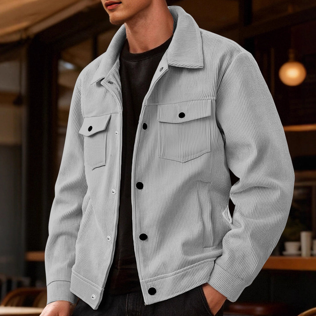 Men's cord jacket in the classic work jacket style with snap buttons and chest pockets StylebySassy