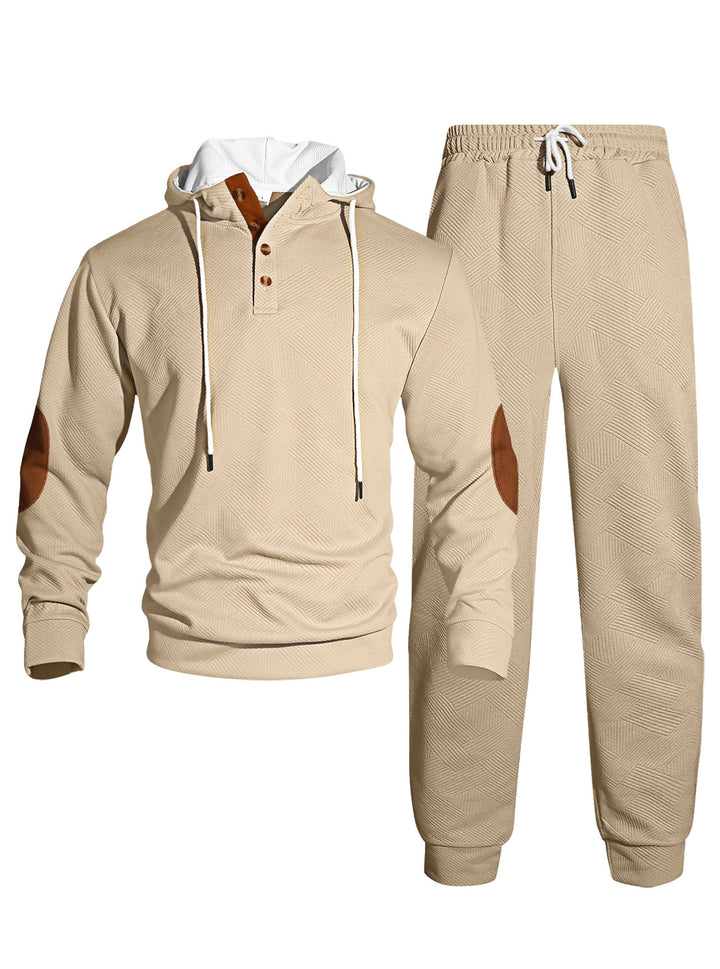 Men's waffle structure Henley hoodie set with wooden button placket elbow patches and tapered joggers StylebySassy